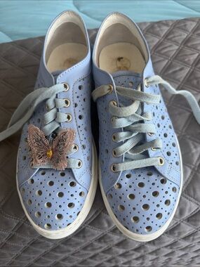 Light Blue Perforated Women's Lace-Up Sneakers with Butterfly Accent